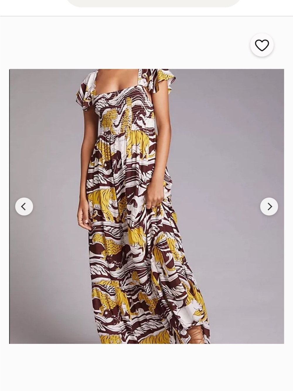 Anthropologie tiger  Brown & Yellow Printed Smocked Square-Neck maxi dress